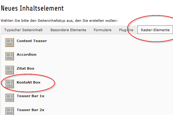 Kontaktbox erstellen Auswahl eines Rasterelements (Kontaktbox)