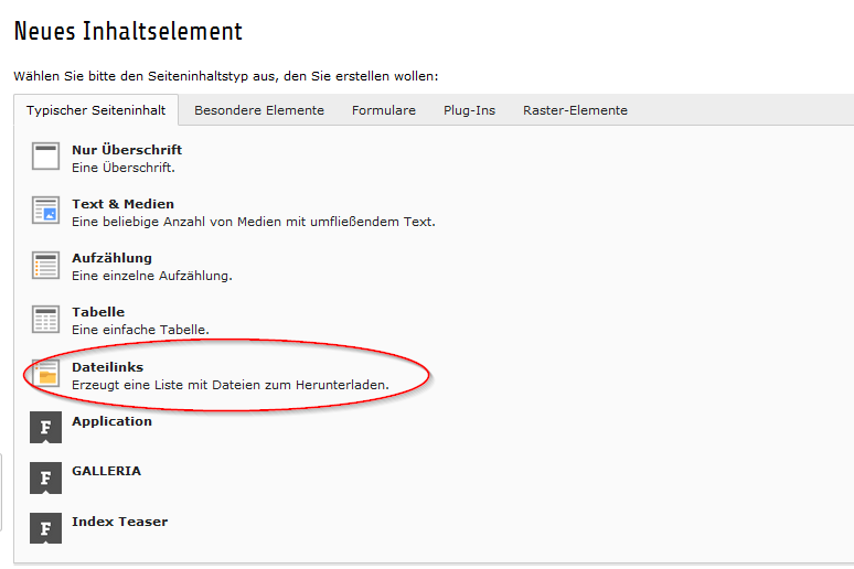 Screenshot Dateilinks Element für eine Downloadliste