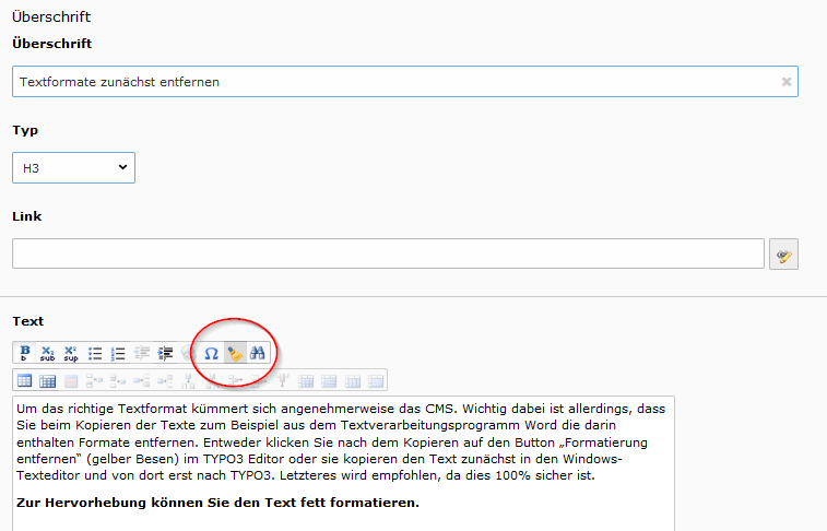 Textformate entfernen Position des TYPO3-TExteditor-Features "Formate entfernen"